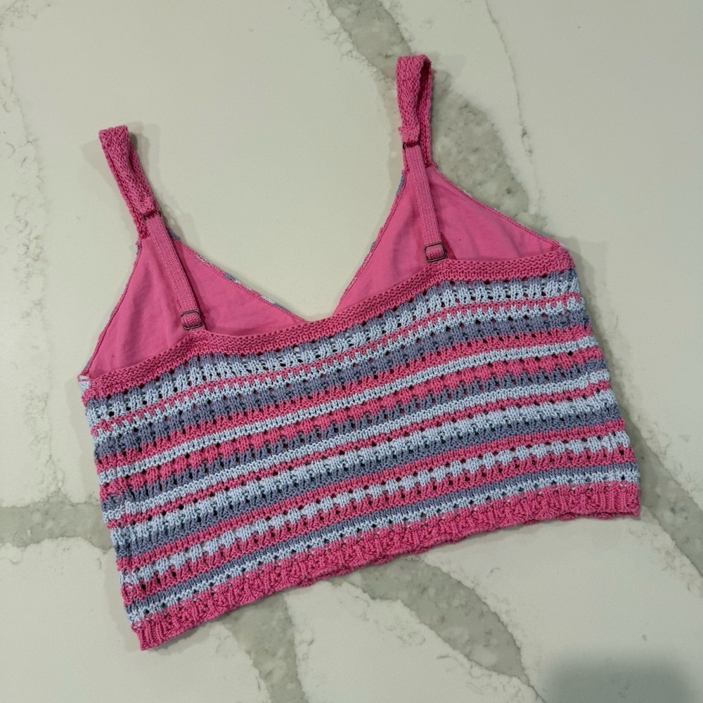 Hollister Crochet Striped Knit Crop Top Women’s Large Pink/Purple Boho Vacation - Picture 4 of 6